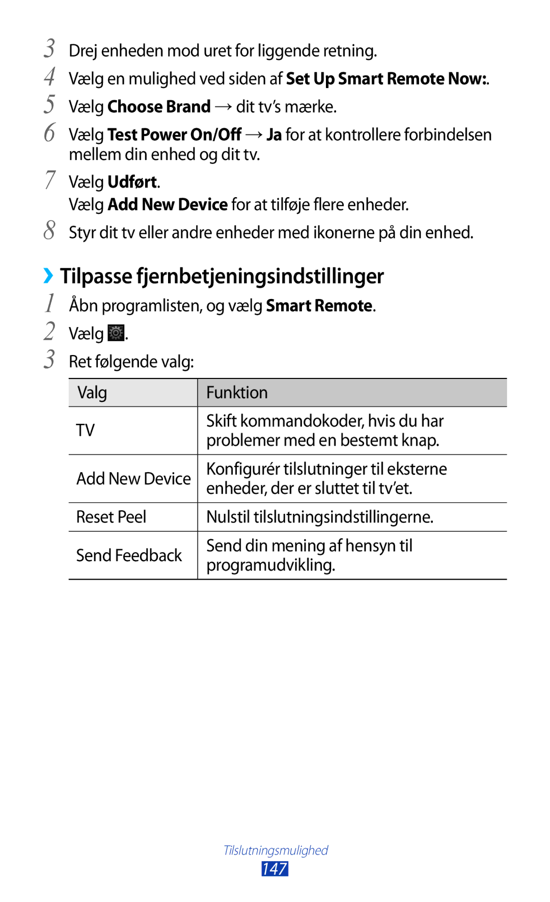 Samsung GT-N8000EAANEE, GT-N8000GRANEE, GT-N8000ZWANEE manual ››Tilpasse fjernbetjeningsindstillinger, 147 