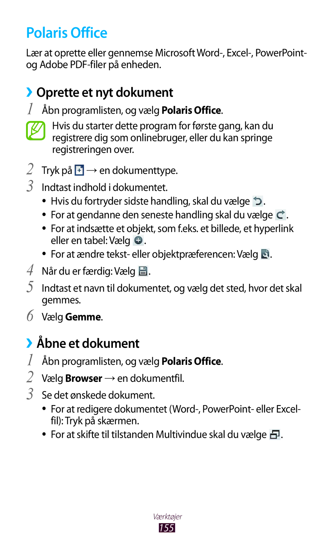 Samsung GT-N8000ZWANEE, GT-N8000EAANEE, GT-N8000GRANEE Polaris Office, ››Oprette et nyt dokument, ››Åbne et dokument, 155 