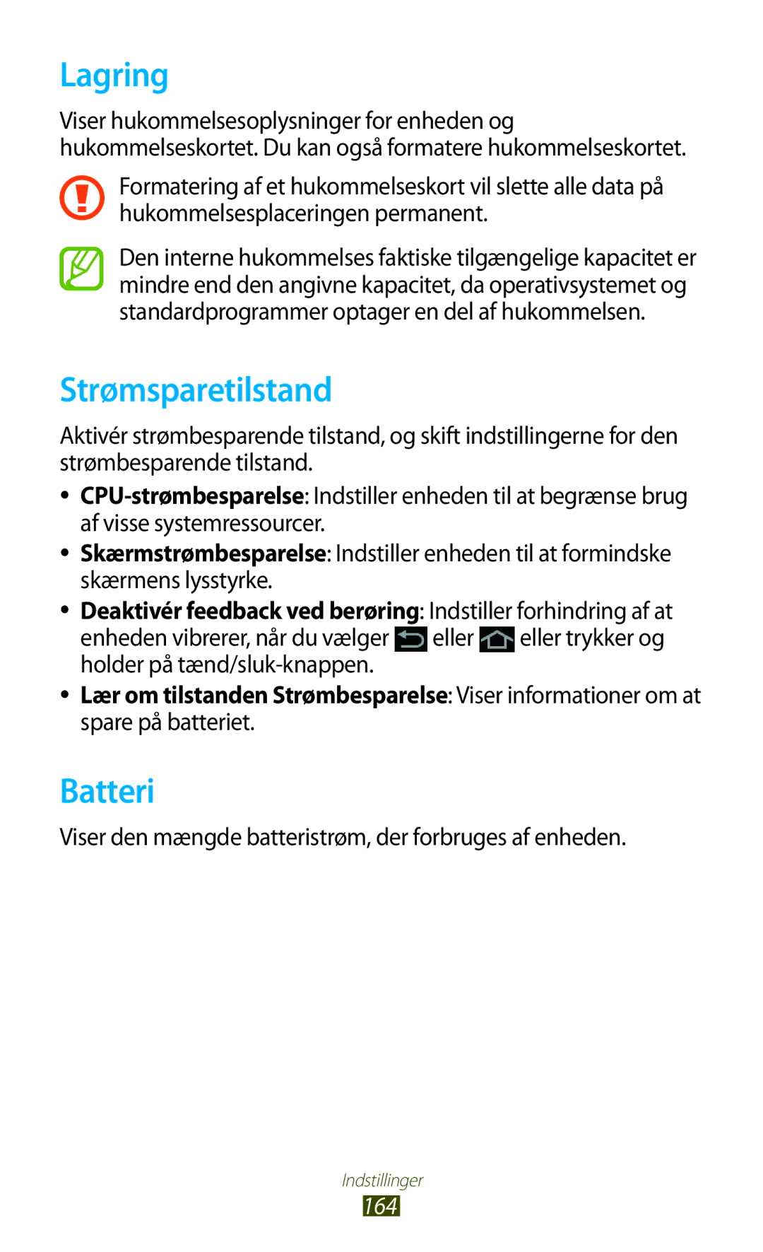 Samsung GT-N8000ZWANEE Lagring, Strømsparetilstand, Batteri, Viser den mængde batteristrøm, der forbruges af enheden, 164 