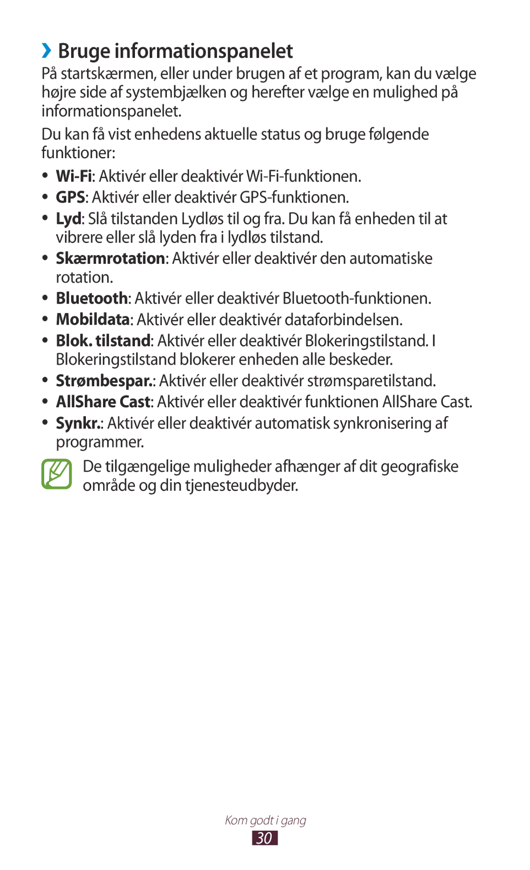 Samsung GT-N8000EAANEE manual ››Bruge informationspanelet, Strømbespar. Aktivér eller deaktivér strømsparetilstand 