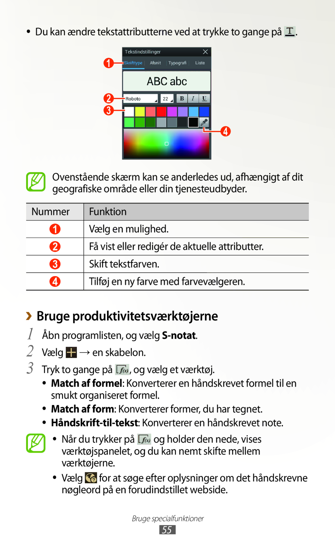 Samsung GT-N8000GRANEE manual ››Bruge produktivitetsværktøjerne, Du kan ændre tekstattributterne ved at trykke to gange på 