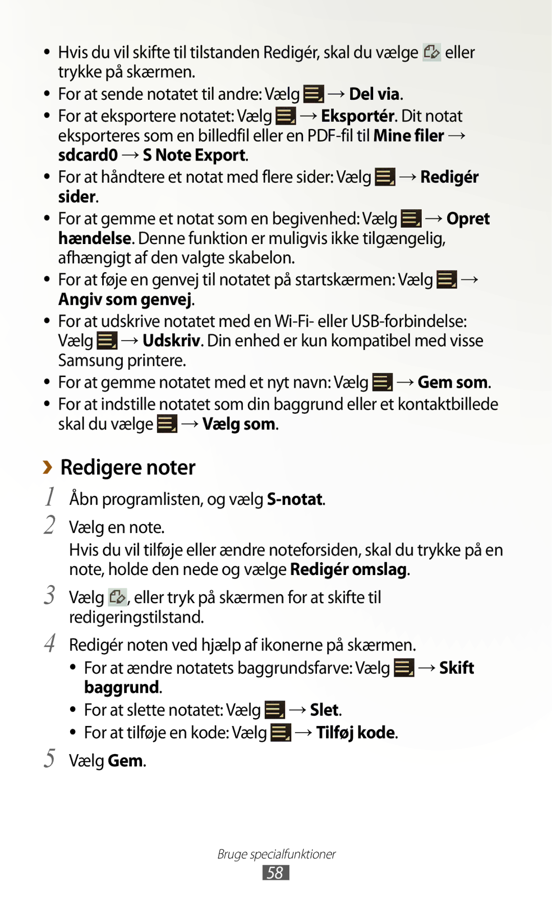 Samsung GT-N8000GRANEE, GT-N8000EAANEE manual ››Redigere noter, →Del via, →Redigér, Sider →Opret, Skal du vælge →Vælg som 