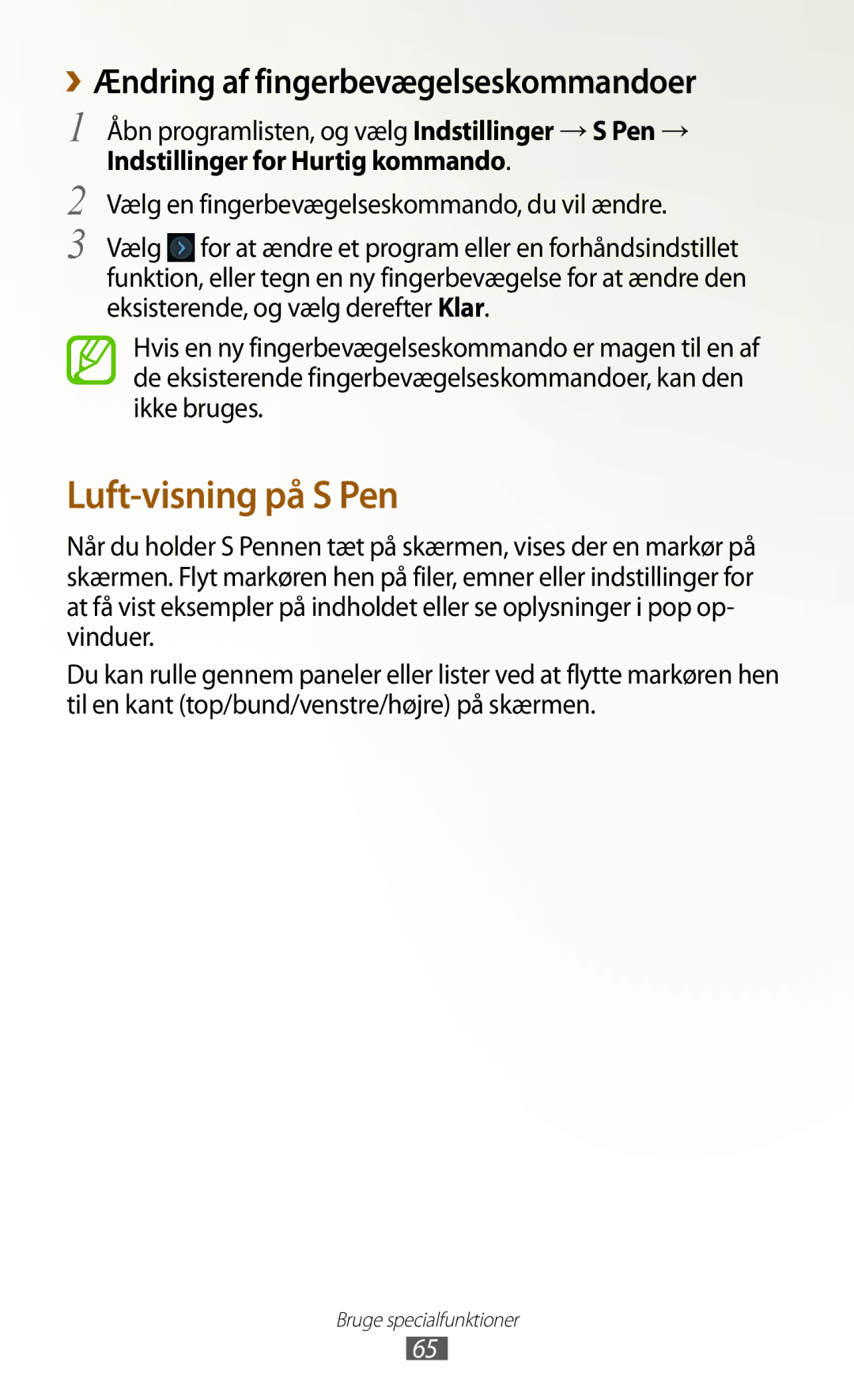 Samsung GT-N8000ZWANEE manual ››Ændring af fingerbevægelseskommandoer, Åbn programlisten, og vælg Indstillinger →S Pen → 