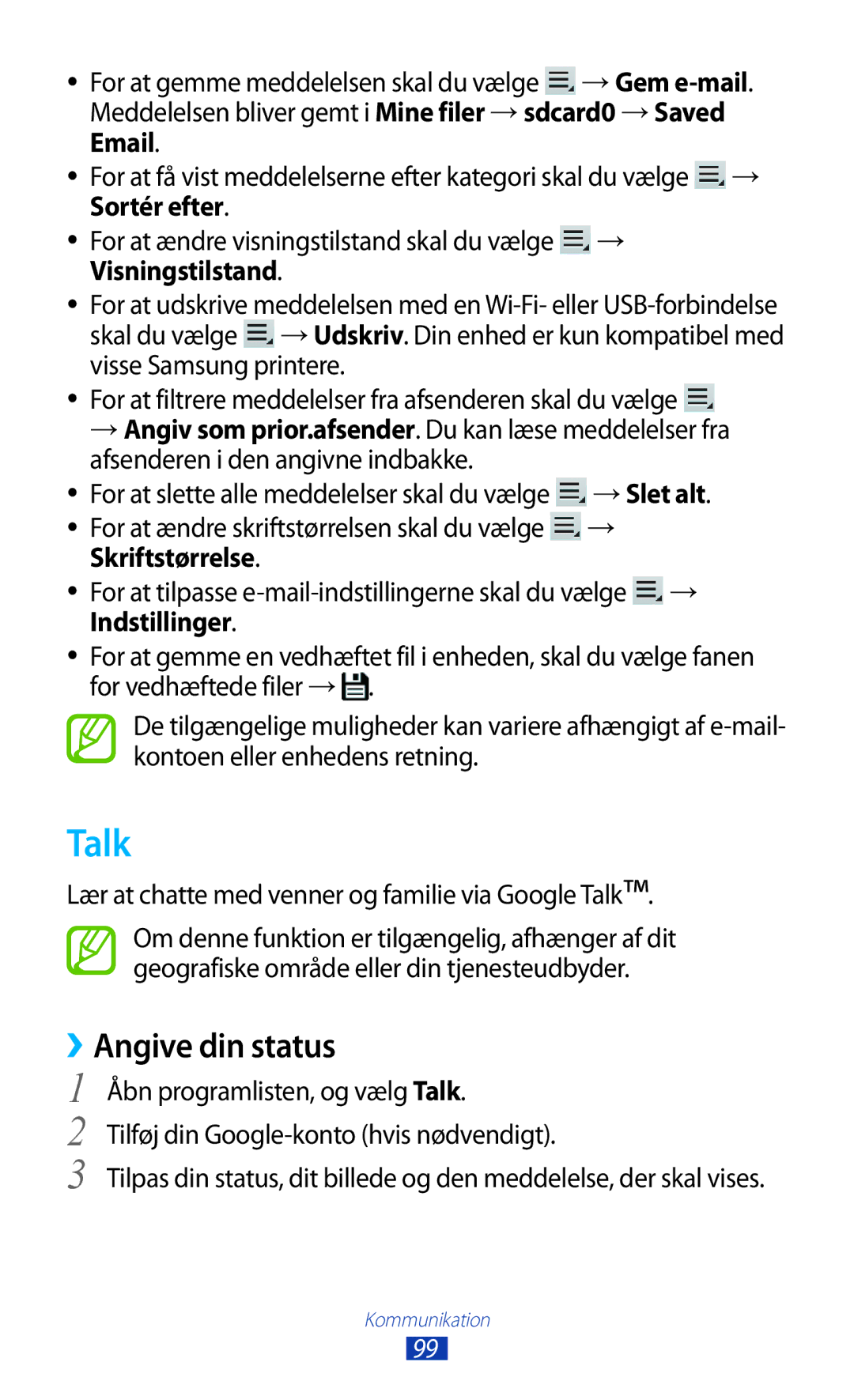 Samsung GT-N8000EAANEE, GT-N8000GRANEE, GT-N8000ZWANEE manual Talk, ››Angive din status, Skriftstørrelse 