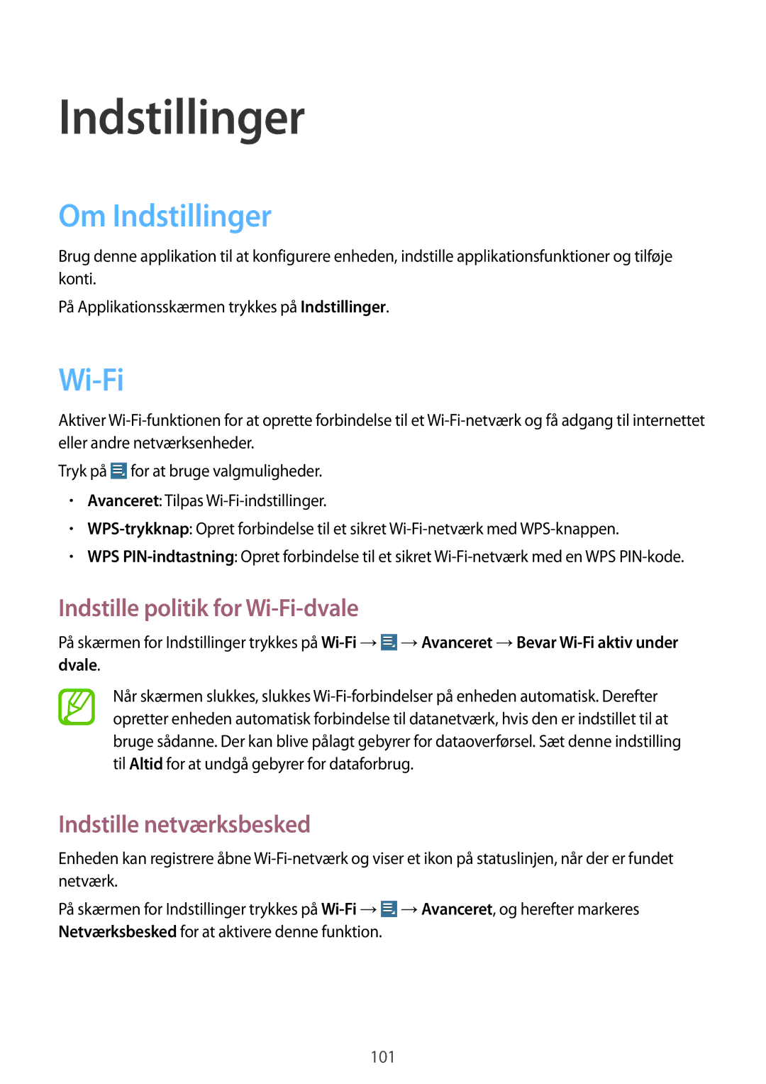 Samsung GT-N8000ZWANEE manual Om Indstillinger, Indstille politik for Wi-Fi-dvale, Indstille netværksbesked 