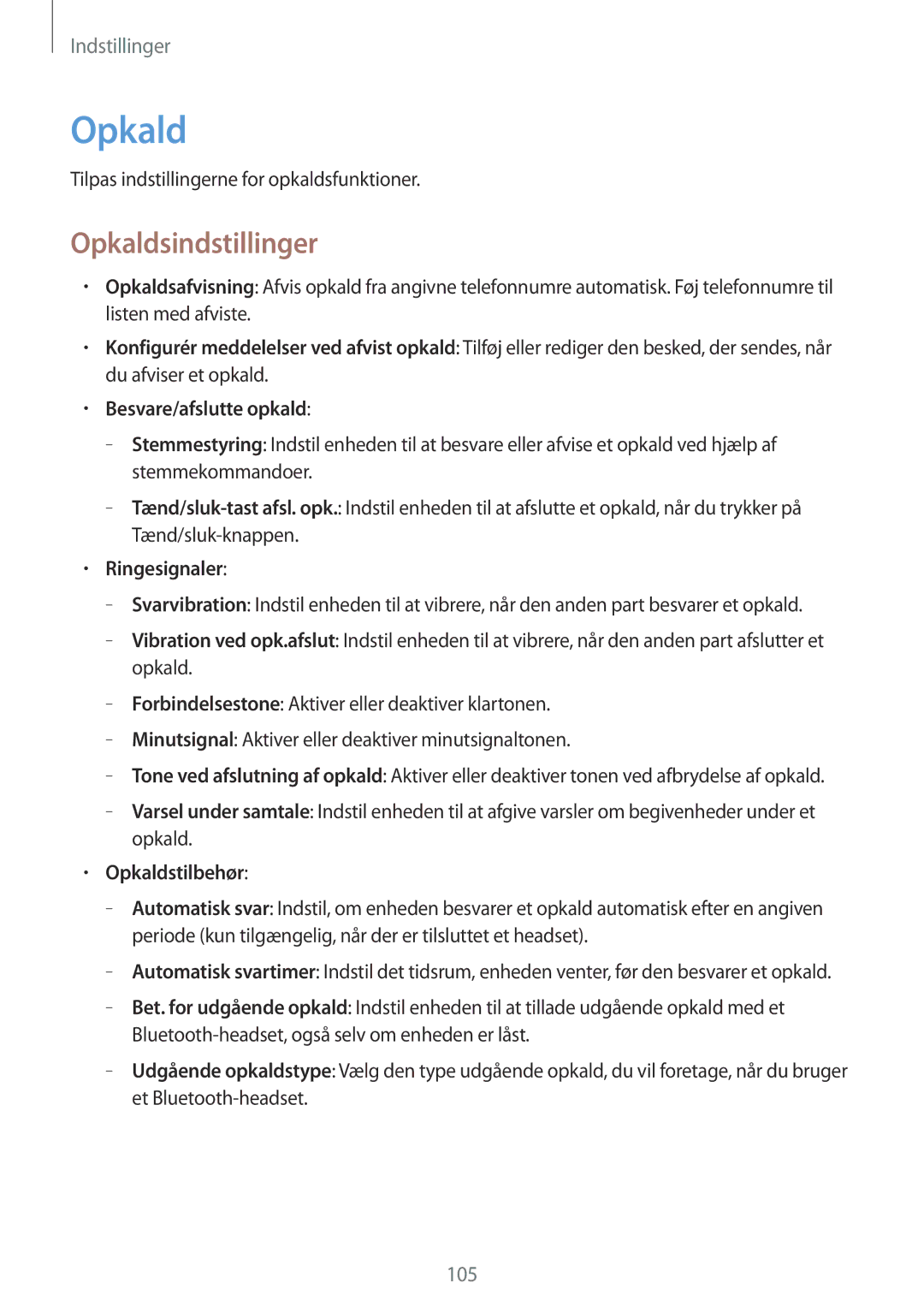 Samsung GT-N8000EAANEE, GT-N8000GRANEE, GT-N8000ZWANEE manual Opkaldsindstillinger, Ringesignaler, Opkaldstilbehør 