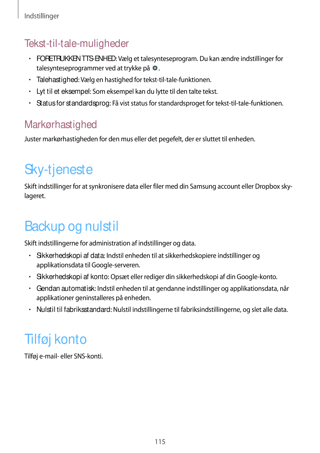Samsung GT-N8000GRANEE, GT-N8000EAANEE manual Backup og nulstil, Tilføj konto, Tekst-til-tale-muligheder, Markørhastighed 
