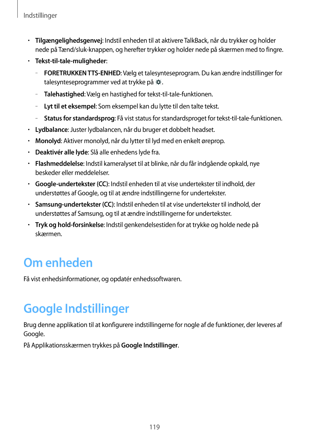 Samsung GT-N8000ZWANEE, GT-N8000EAANEE, GT-N8000GRANEE manual Om enheden, Google Indstillinger, Tekst-til-tale-muligheder 