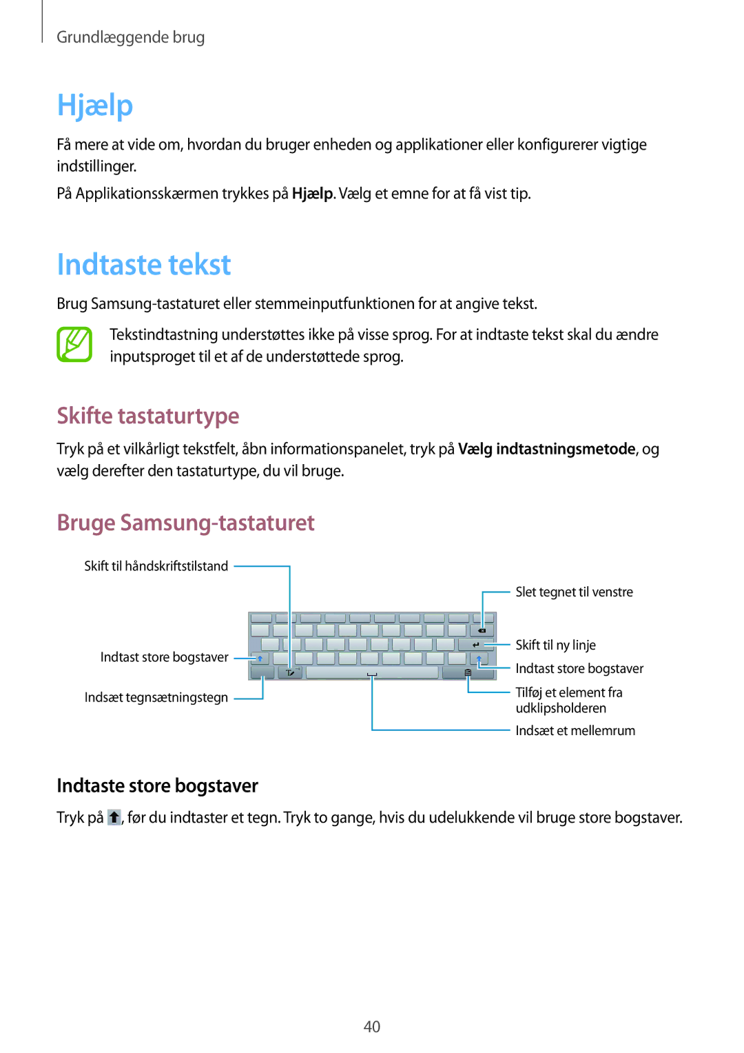 Samsung GT-N8000GRANEE Hjælp, Indtaste tekst, Skifte tastaturtype, Bruge Samsung-tastaturet, Indtaste store bogstaver 