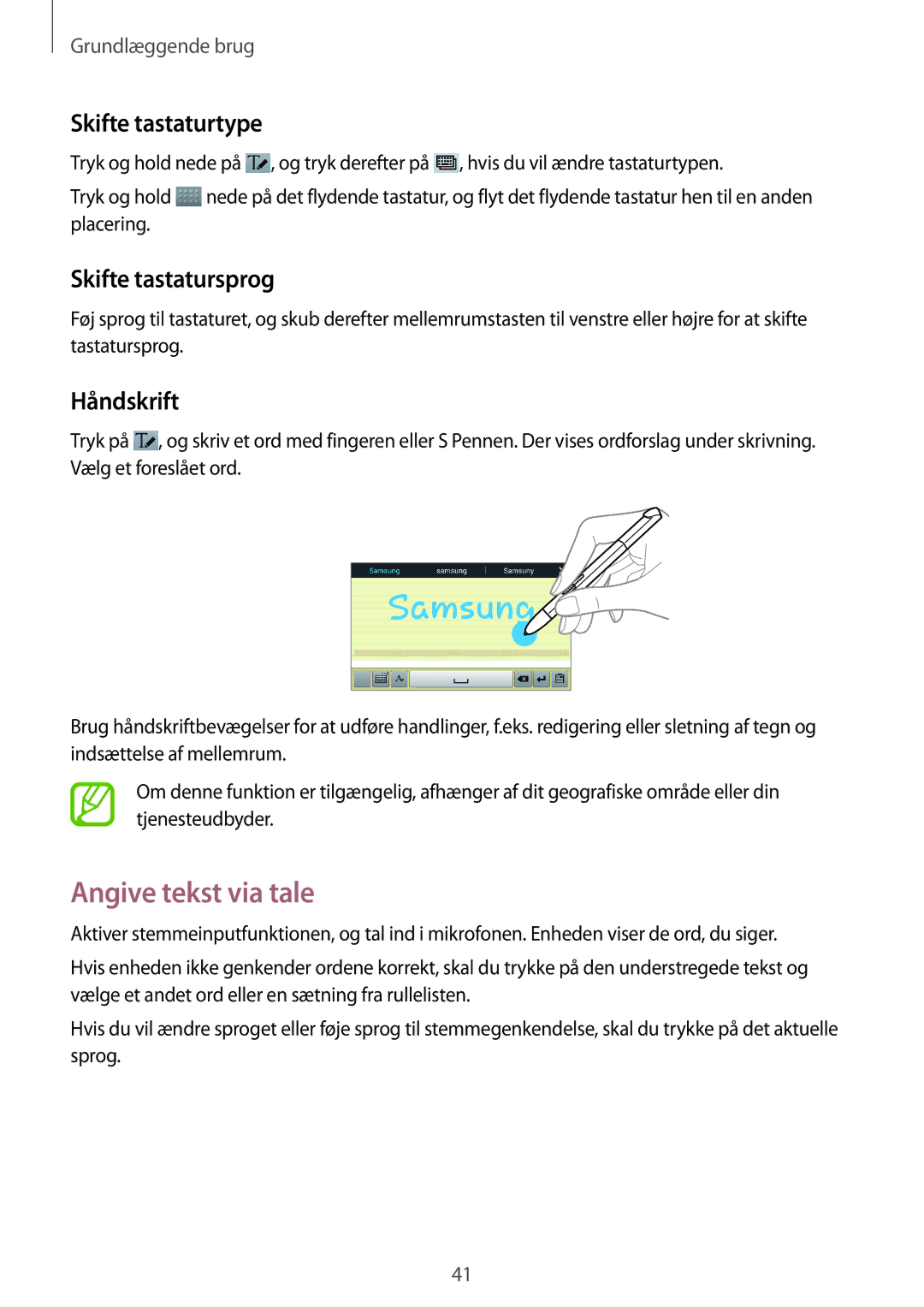 Samsung GT-N8000ZWANEE, GT-N8000EAANEE manual Angive tekst via tale, Skifte tastaturtype, Skifte tastatursprog, Håndskrift 