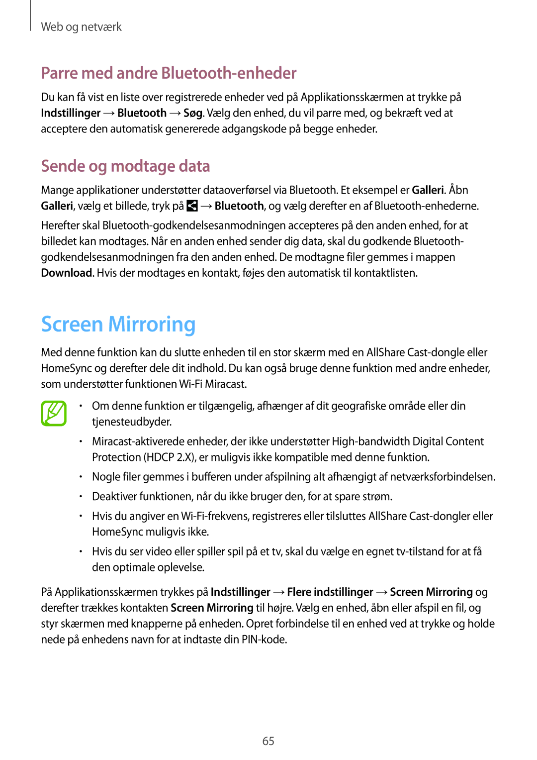 Samsung GT-N8000ZWANEE, GT-N8000EAANEE manual Screen Mirroring, Parre med andre Bluetooth-enheder, Sende og modtage data 
