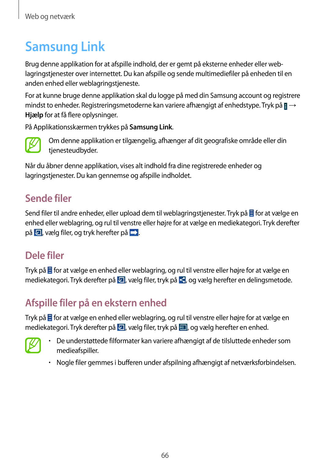 Samsung GT-N8000EAANEE, GT-N8000GRANEE manual Samsung Link, Sende filer, Dele filer, Afspille filer på en ekstern enhed 