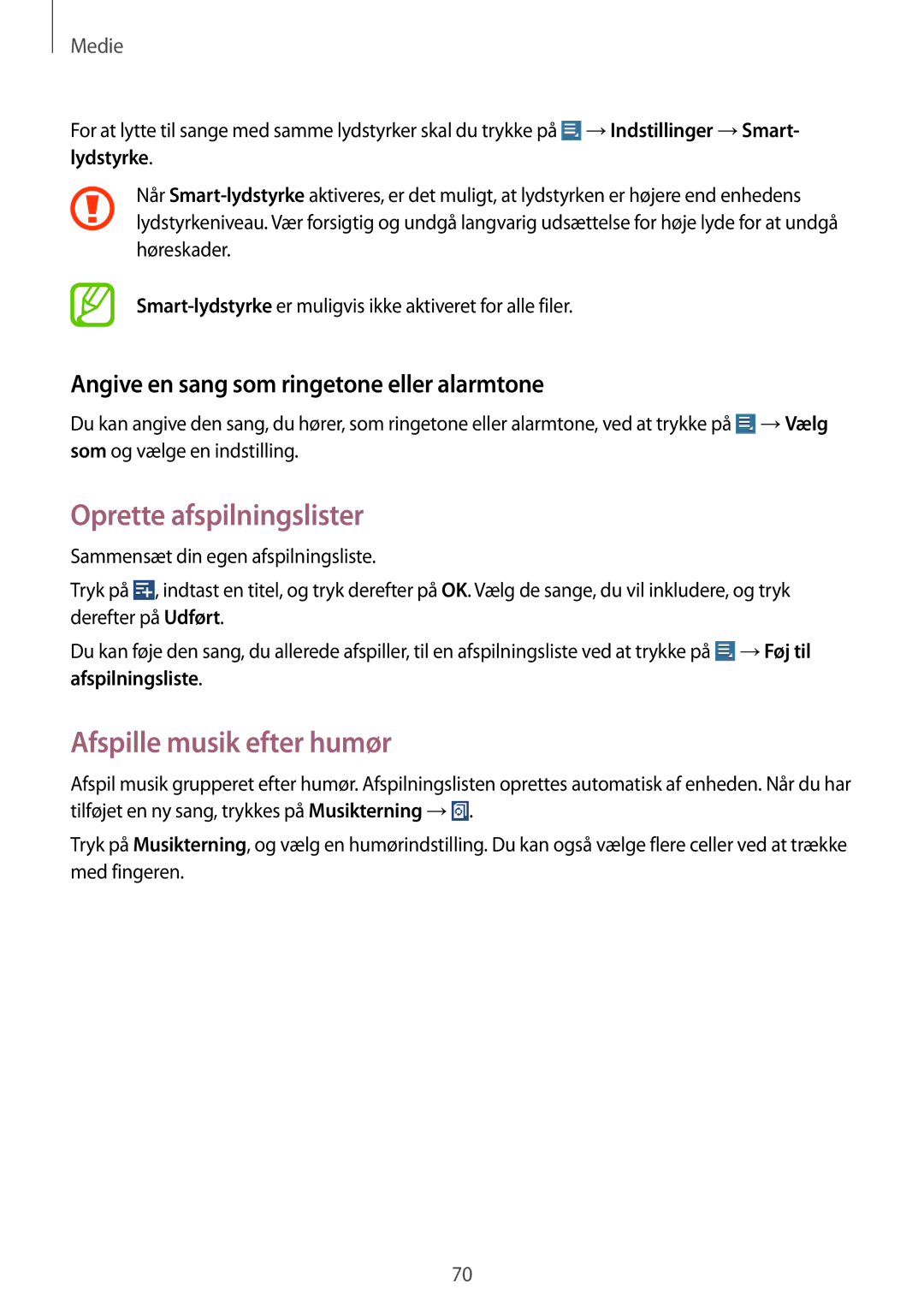 Samsung GT-N8000GRANEE Oprette afspilningslister, Afspille musik efter humør, Angive en sang som ringetone eller alarmtone 