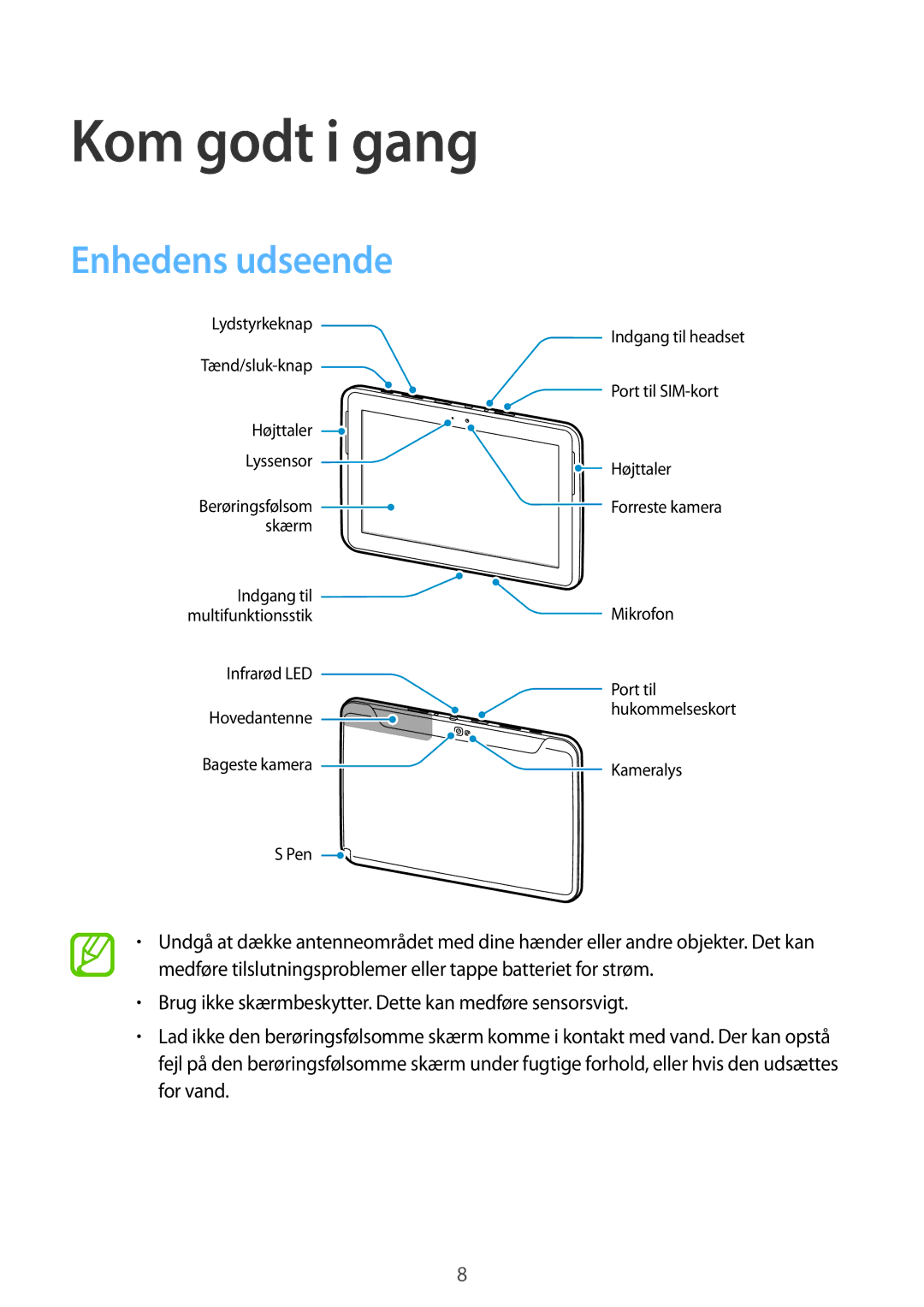 Samsung GT-N8000ZWANEE, GT-N8000EAANEE, GT-N8000GRANEE manual Kom godt i gang, Enhedens udseende 