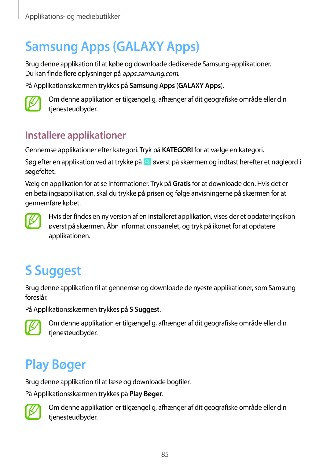 Samsung GT-N8000GRANEE, GT-N8000EAANEE, GT-N8000ZWANEE manual Samsung Apps Galaxy Apps, Suggest, Play Bøger 