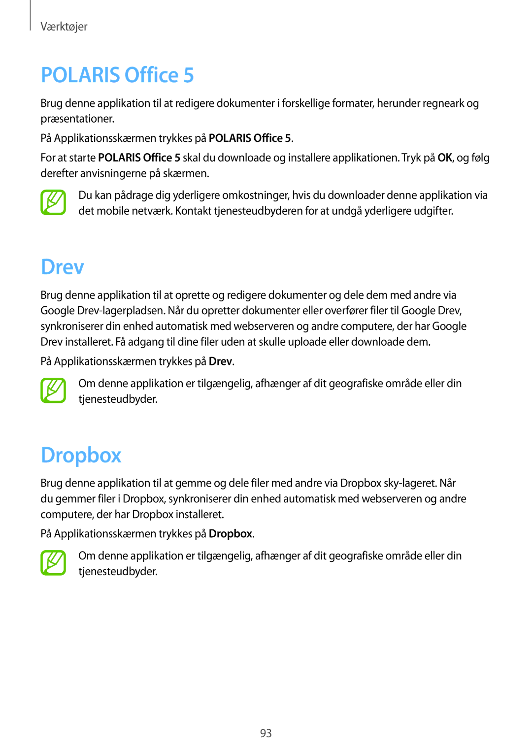 Samsung GT-N8000EAANEE, GT-N8000GRANEE, GT-N8000ZWANEE manual Polaris Office, Drev, Dropbox 