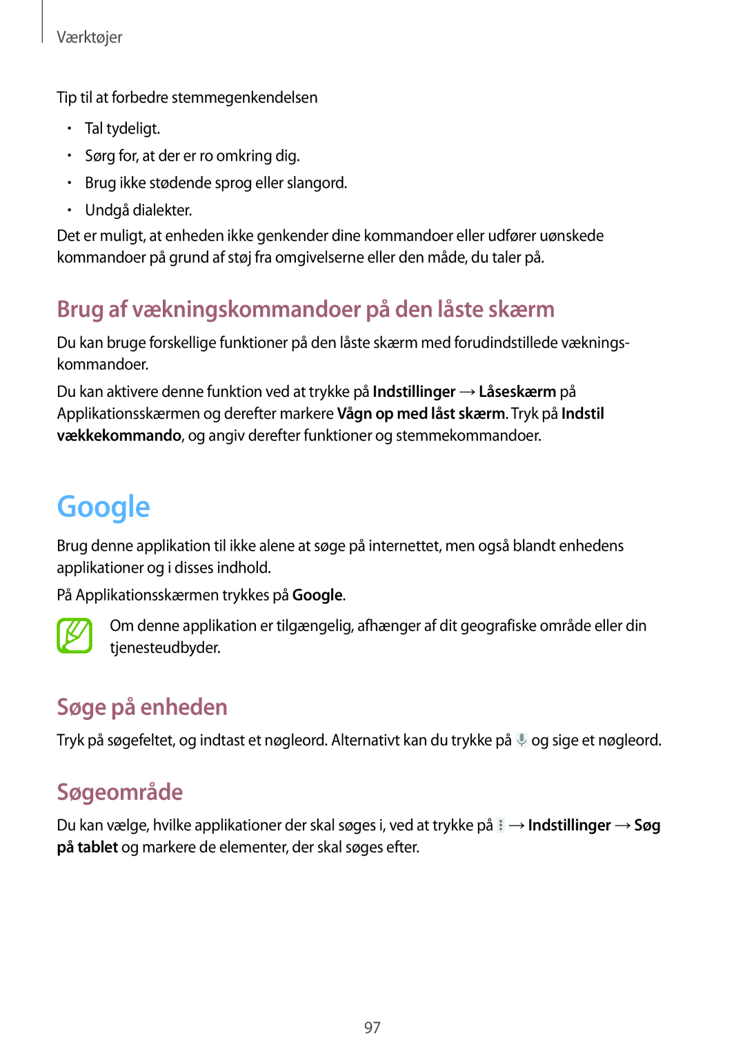 Samsung GT-N8000GRANEE, GT-N8000EAANEE Google, Brug af vækningskommandoer på den låste skærm, Søge på enheden, Søgeområde 