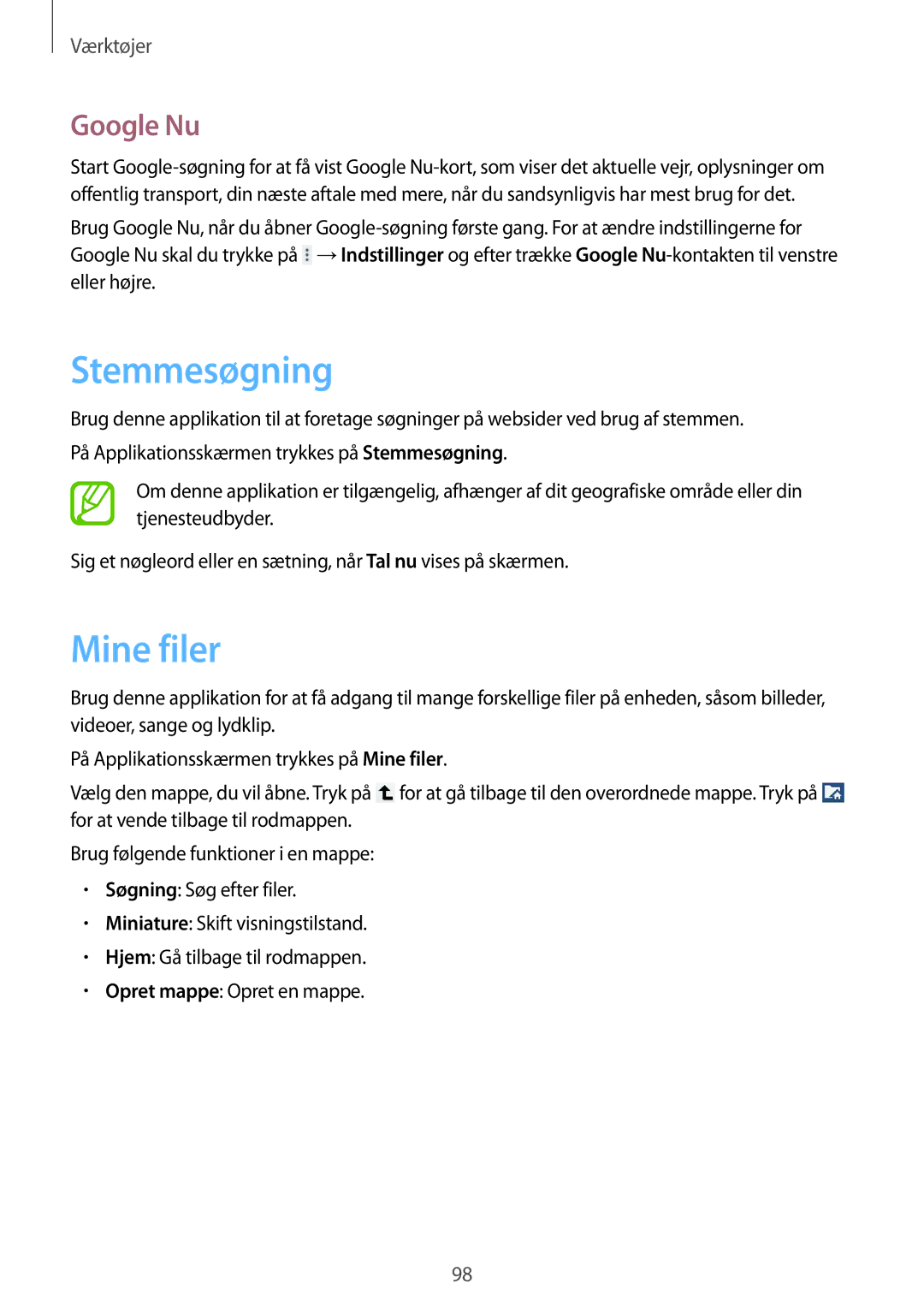 Samsung GT-N8000ZWANEE, GT-N8000EAANEE, GT-N8000GRANEE manual Stemmesøgning, Mine filer, Google Nu 