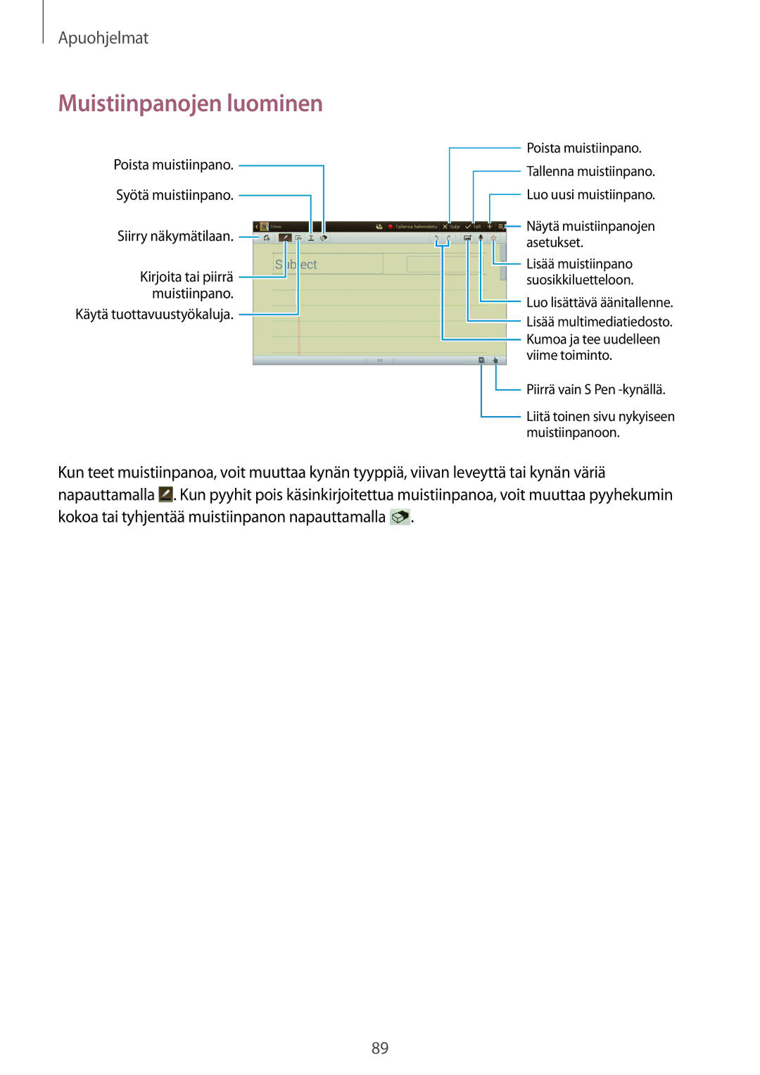 Samsung GT-N8000ZWANEE, GT-N8000EAANEE, GT-N8000GRANEE manual Muistiinpanojen luominen 