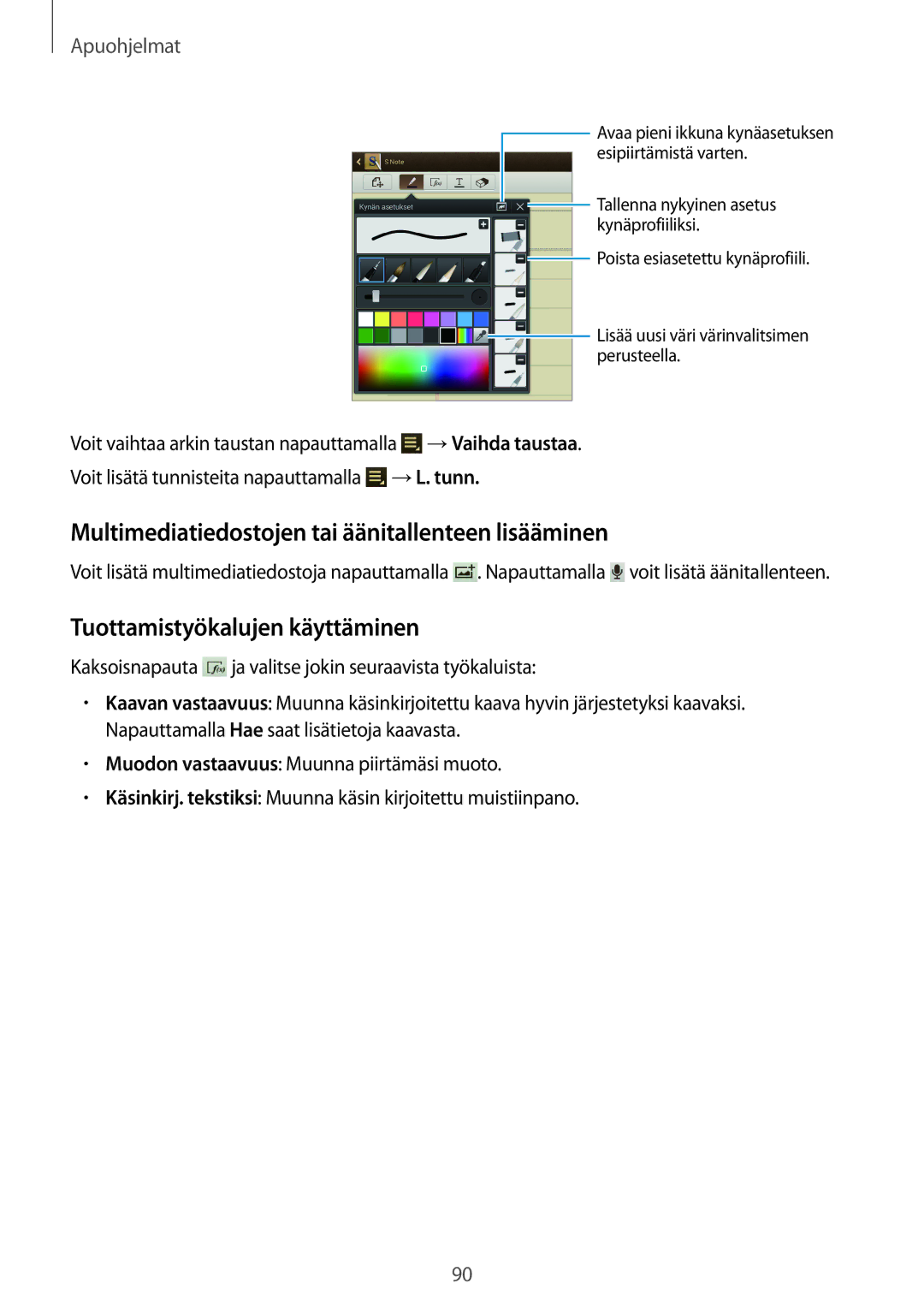 Samsung GT-N8000EAANEE manual Multimediatiedostojen tai äänitallenteen lisääminen, Tuottamistyökalujen käyttäminen 