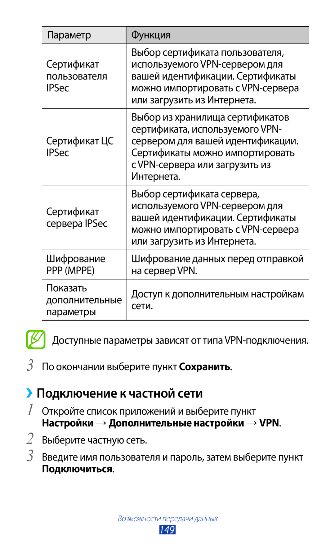 Samsung GT-N8000EAFSER, GT-N8000EAASEB, GT-N8000ZWASEB, GT-N8000EAAMGF manual ››Подключение к частной сети, Подключиться, 149 