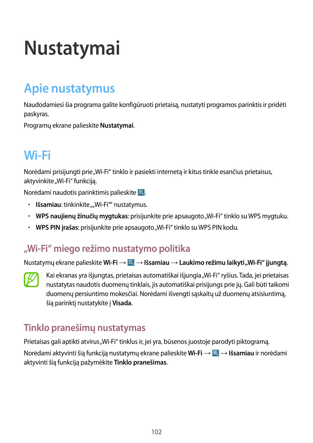 Samsung GT-N8000EAASEB manual Apie nustatymus, „Wi-Fi miego režimo nustatymo politika, Tinklo pranešimų nustatymas 