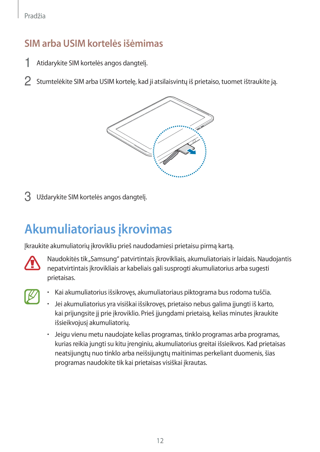 Samsung GT-N8000EAASEB, GT-N8000ZWASEB manual Akumuliatoriaus įkrovimas, SIM arba Usim kortelės išėmimas 