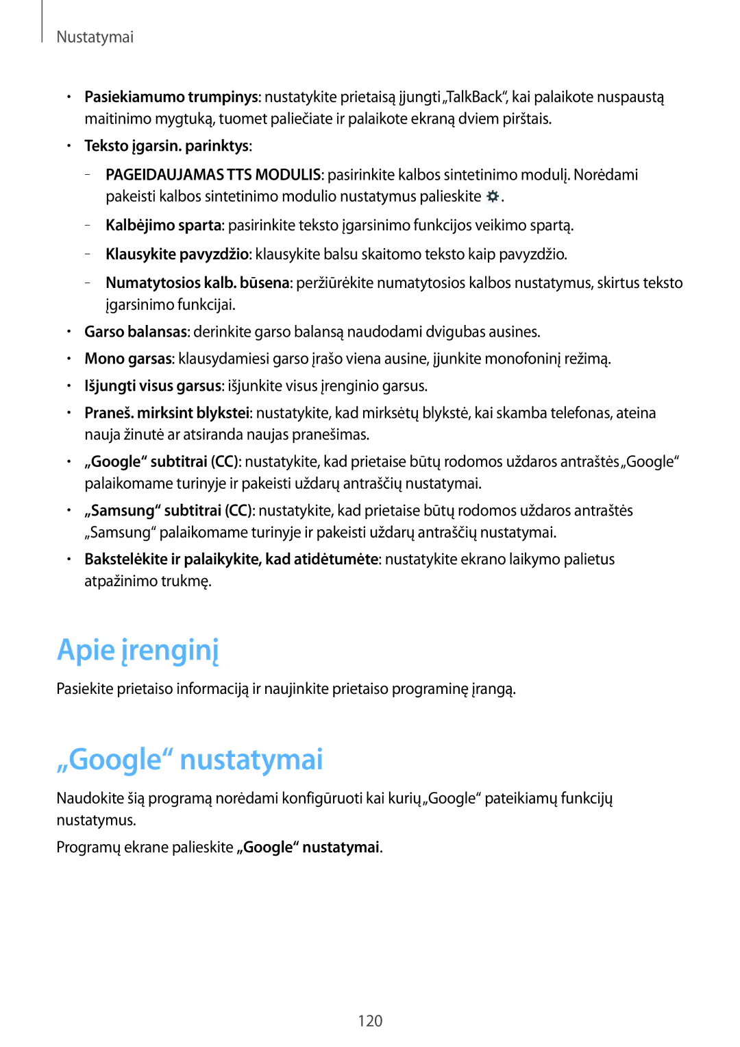 Samsung GT-N8000EAASEB, GT-N8000ZWASEB manual Apie įrenginį, „Google nustatymai, Teksto įgarsin. parinktys 