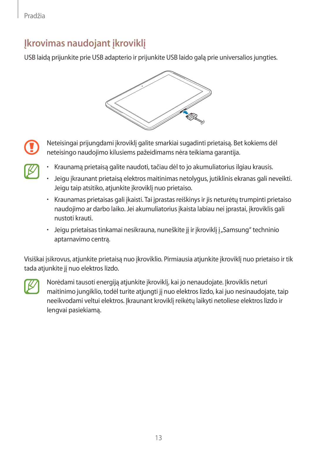 Samsung GT-N8000ZWASEB, GT-N8000EAASEB manual Įkrovimas naudojant įkroviklį 