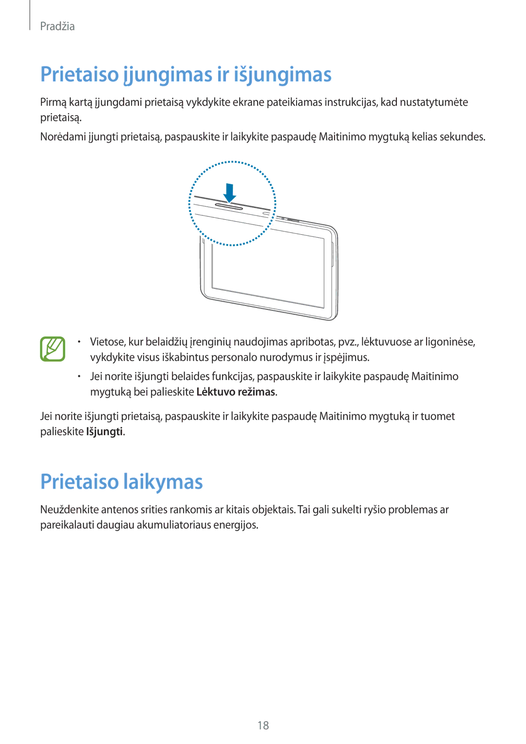 Samsung GT-N8000EAASEB, GT-N8000ZWASEB manual Prietaiso įjungimas ir išjungimas, Prietaiso laikymas 