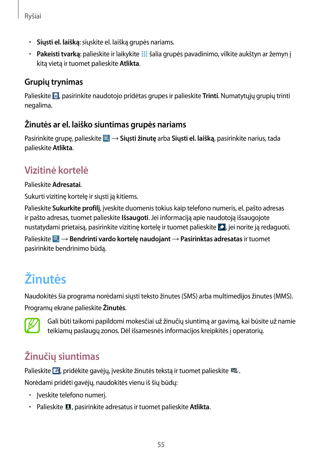 Samsung GT-N8000ZWASEB, GT-N8000EAASEB manual Žinutės, Vizitinė kortelė, Žinučių siuntimas, Grupių trynimas 