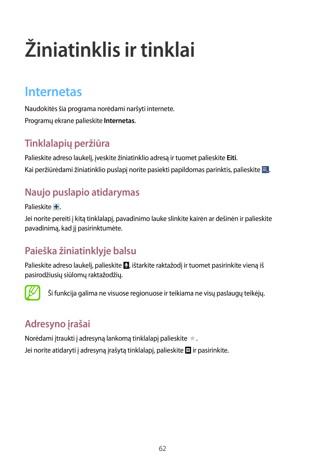 Samsung GT-N8000EAASEB manual Internetas, Tinklalapių peržiūra, Naujo puslapio atidarymas, Paieška žiniatinklyje balsu 