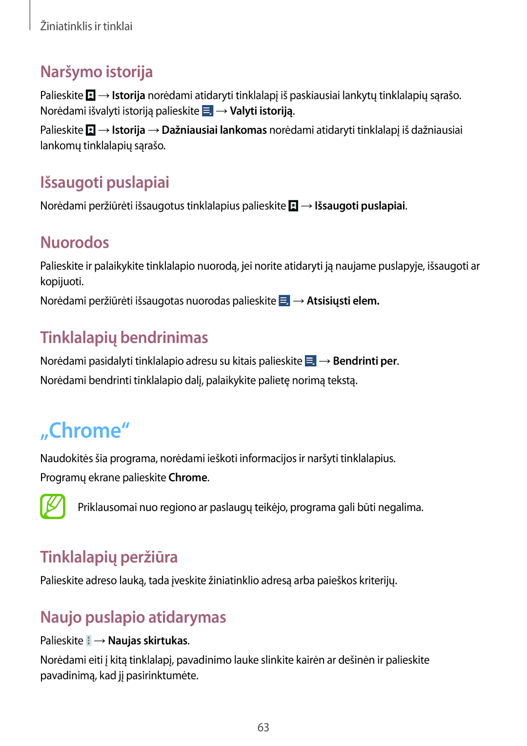 Samsung GT-N8000ZWASEB, GT-N8000EAASEB „Chrome, Naršymo istorija, Išsaugoti puslapiai, Nuorodos, Tinklalapių bendrinimas 