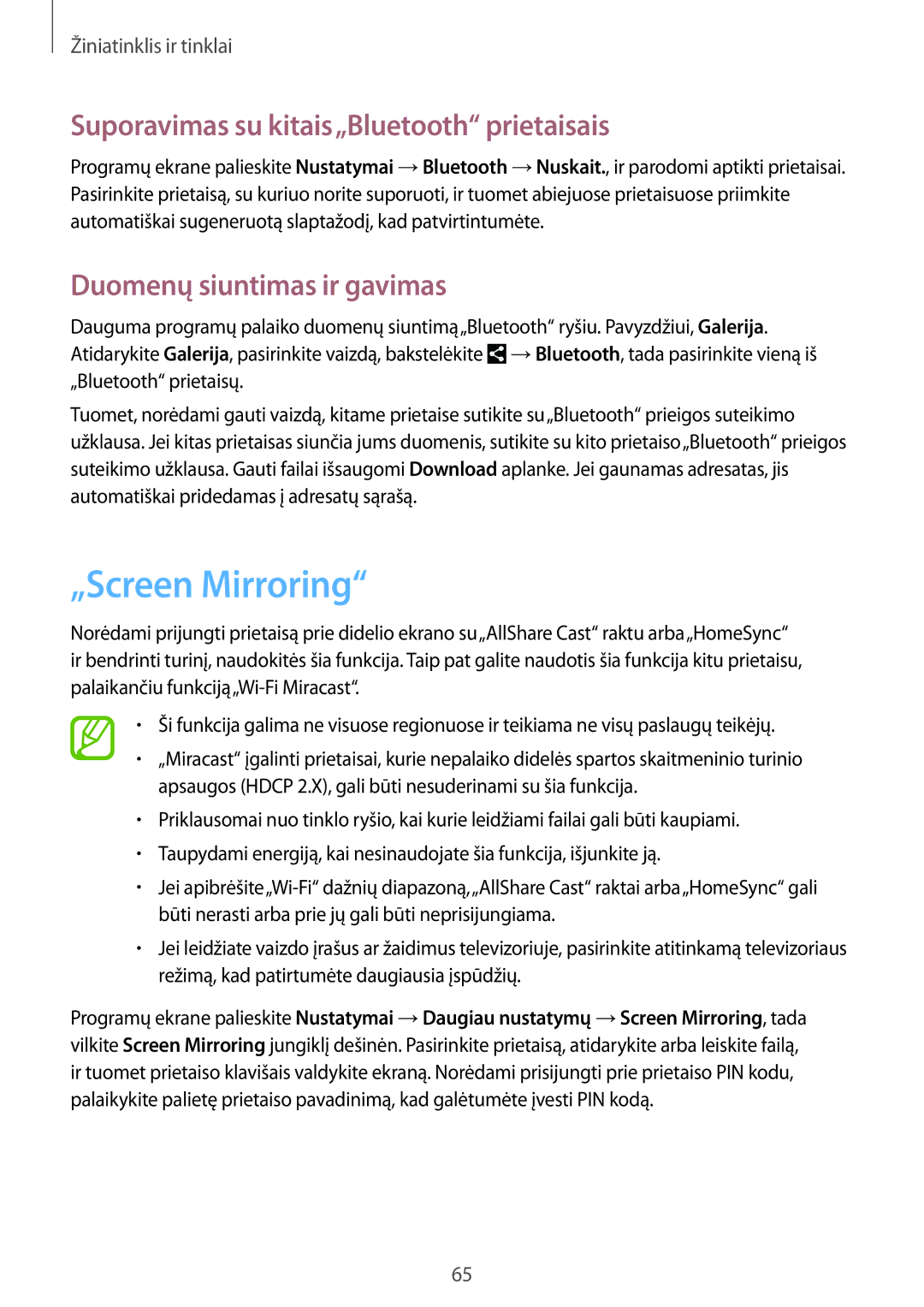 Samsung GT-N8000ZWASEB manual „Screen Mirroring, Suporavimas su kitais„Bluetooth prietaisais, Duomenų siuntimas ir gavimas 