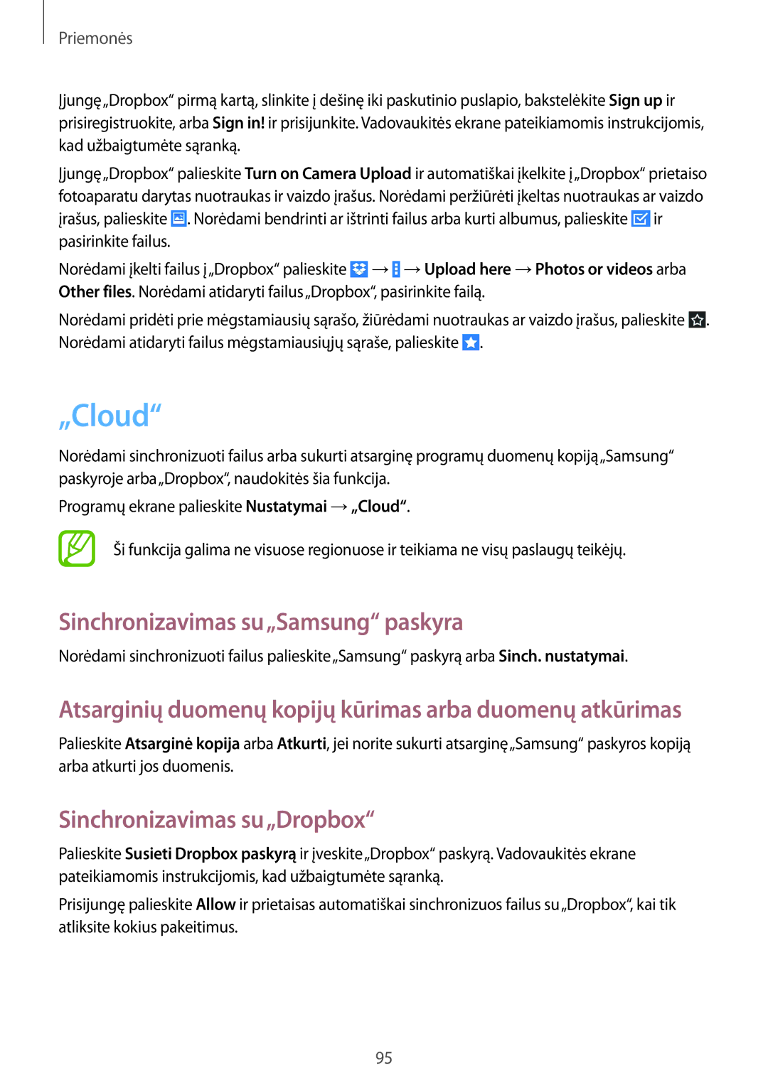 Samsung GT-N8000ZWASEB, GT-N8000EAASEB manual „Cloud, Sinchronizavimas su„Samsung paskyra, Sinchronizavimas su„Dropbox 