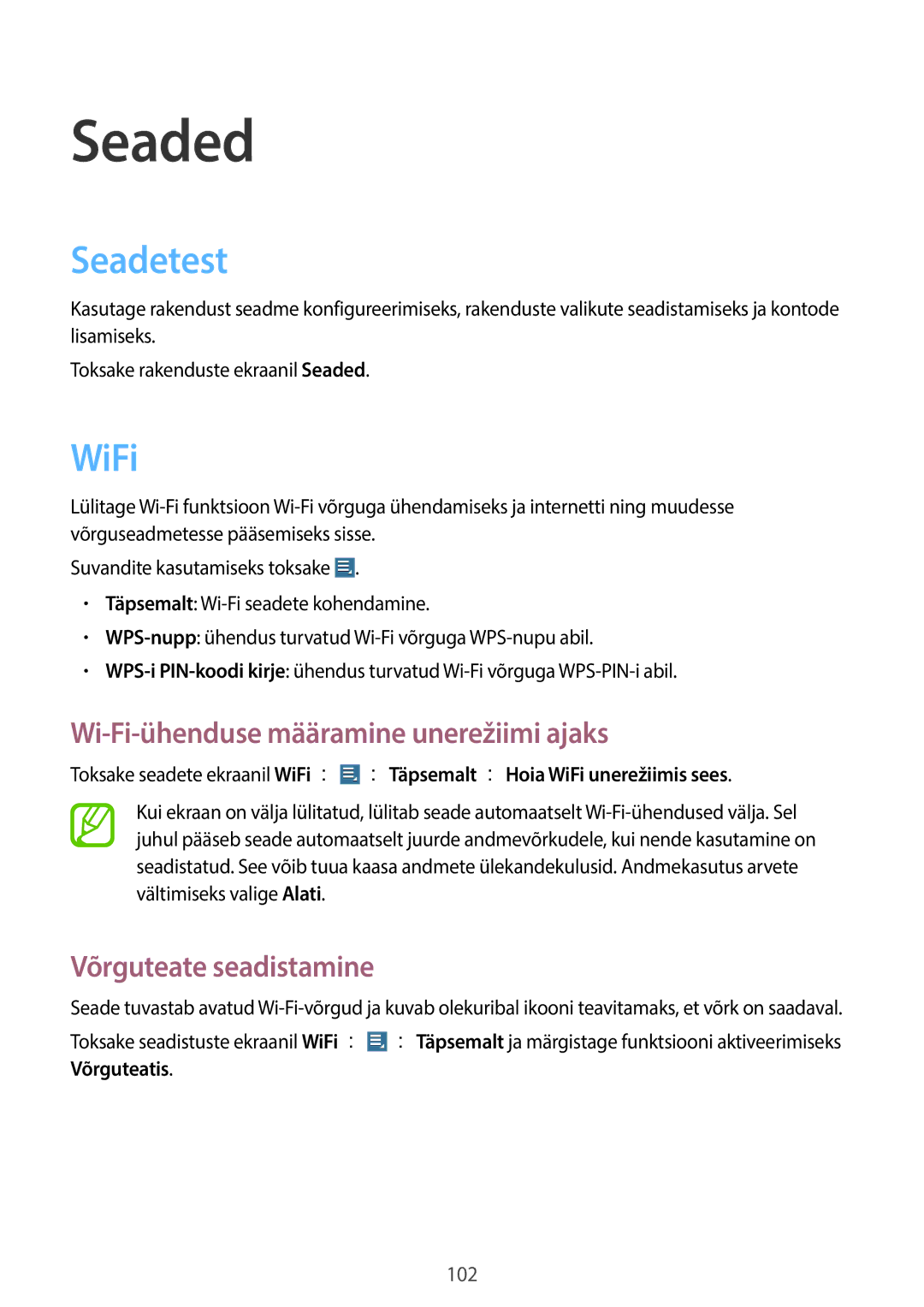 Samsung GT-N8000EAASEB manual Seaded, Seadetest, WiFi, Wi-Fi-ühenduse määramine unerežiimi ajaks, Võrguteate seadistamine 