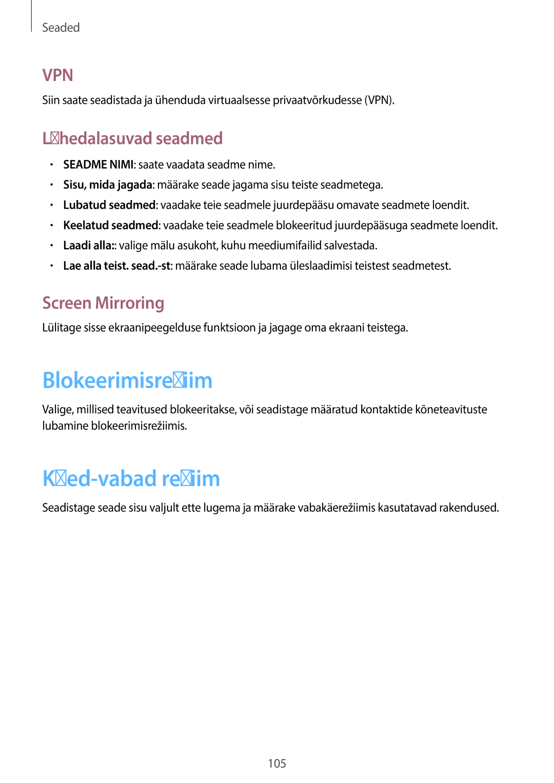 Samsung GT-N8000ZWASEB, GT-N8000EAASEB manual Blokeerimisrežiim, Käed-vabad režiim, Lähedalasuvad seadmed, Screen Mirroring 