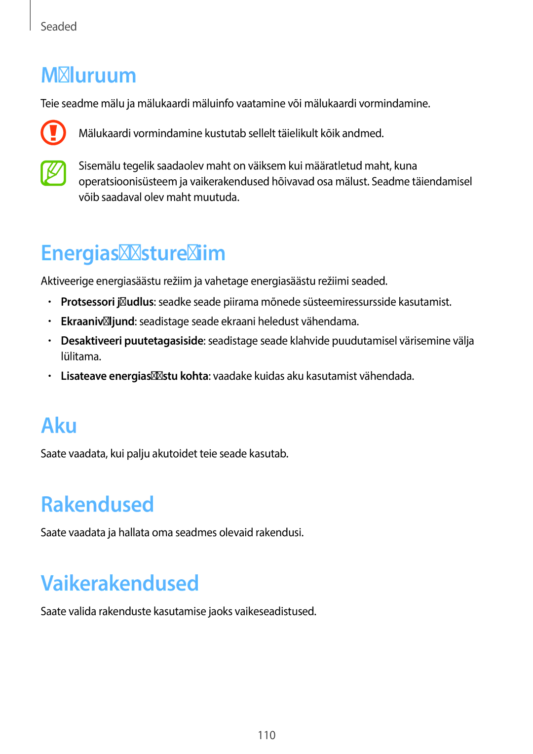 Samsung GT-N8000EAASEB, GT-N8000ZWASEB manual Mäluruum, Energiasäästurežiim, Aku, Rakendused, Vaikerakendused 