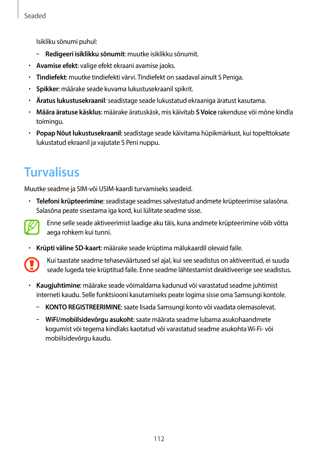 Samsung GT-N8000EAASEB, GT-N8000ZWASEB manual Turvalisus, Muutke seadme ja SIM-või USIM-kaardi turvamiseks seadeid 