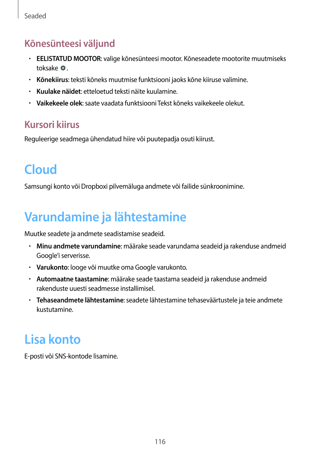 Samsung GT-N8000EAASEB, GT-N8000ZWASEB manual Varundamine ja lähtestamine, Lisa konto, Kõnesünteesi väljund, Kursori kiirus 