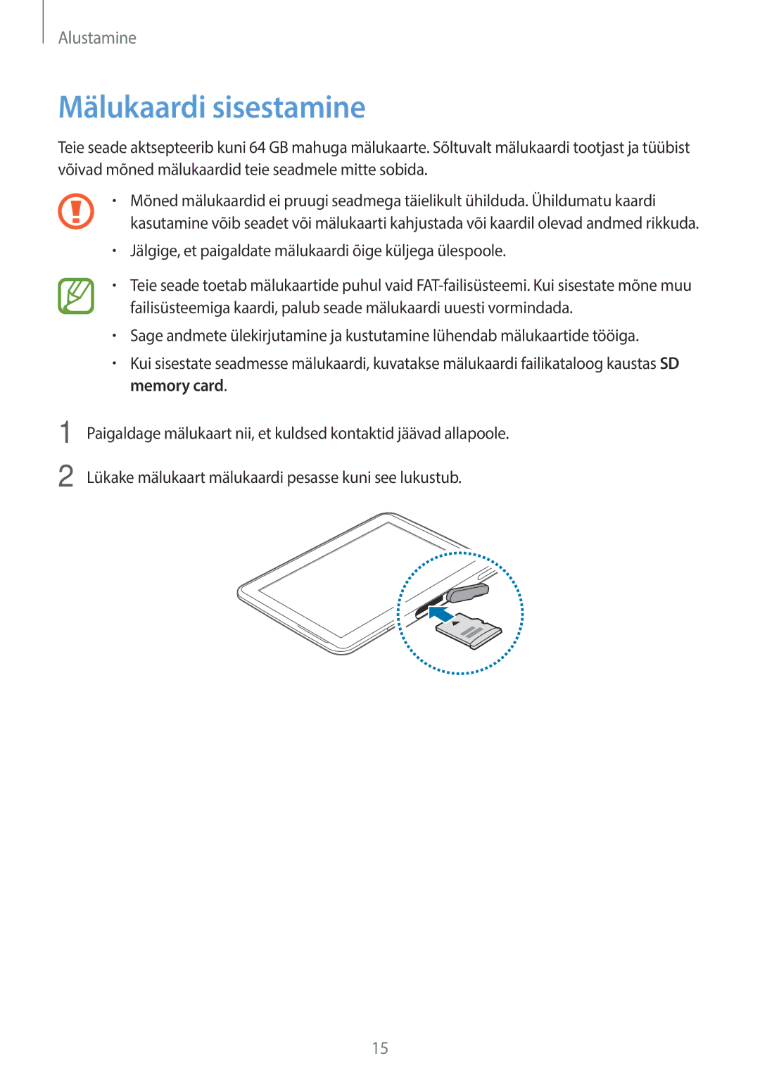 Samsung GT-N8000ZWASEB, GT-N8000EAASEB manual Mälukaardi sisestamine 