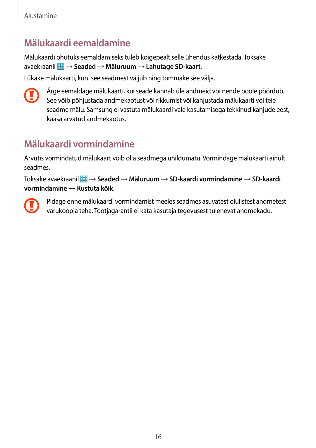 Samsung GT-N8000EAASEB, GT-N8000ZWASEB manual Mälukaardi eemaldamine, Mälukaardi vormindamine 