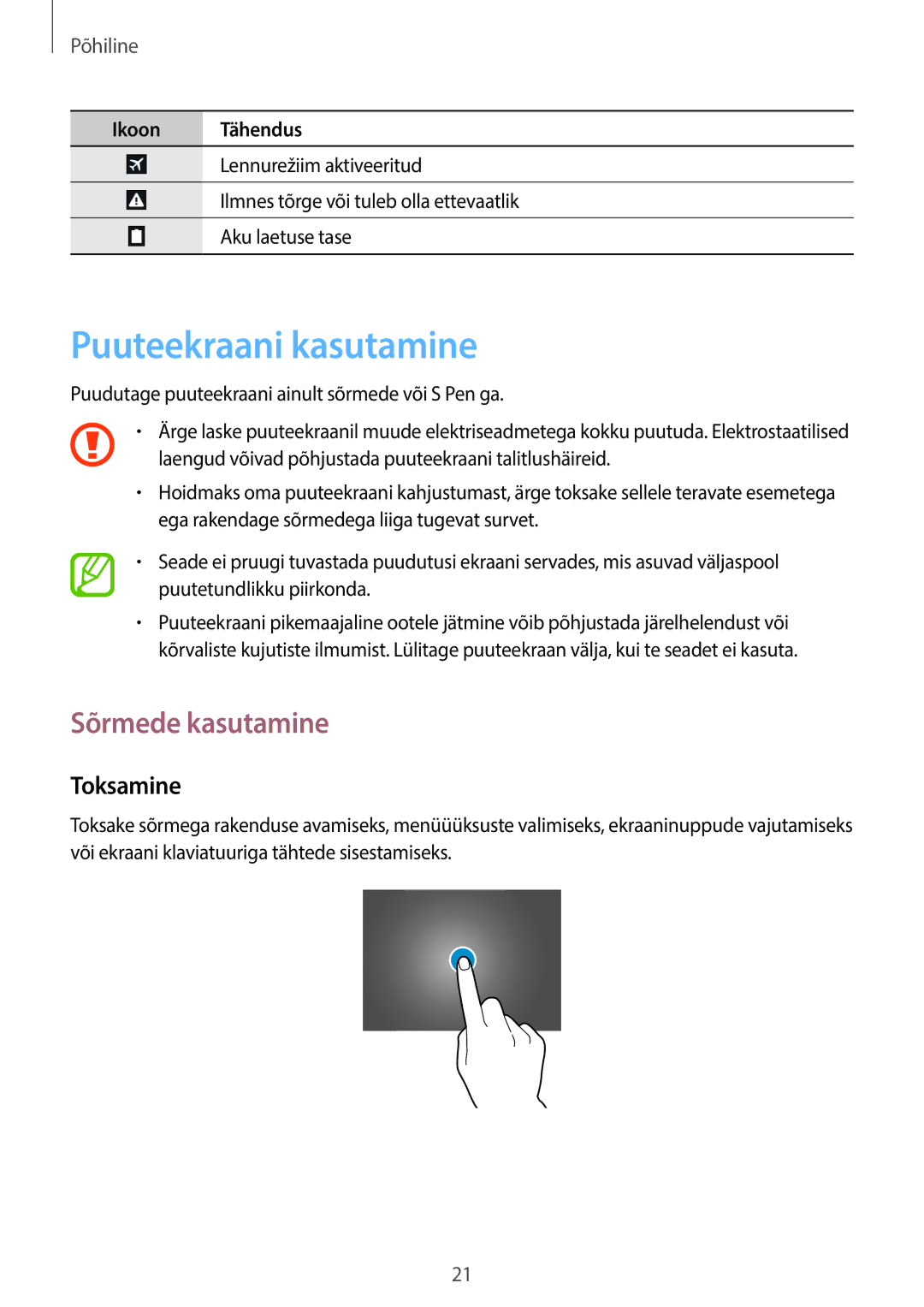 Samsung GT-N8000ZWASEB, GT-N8000EAASEB manual Puuteekraani kasutamine, Sõrmede kasutamine, Toksamine 