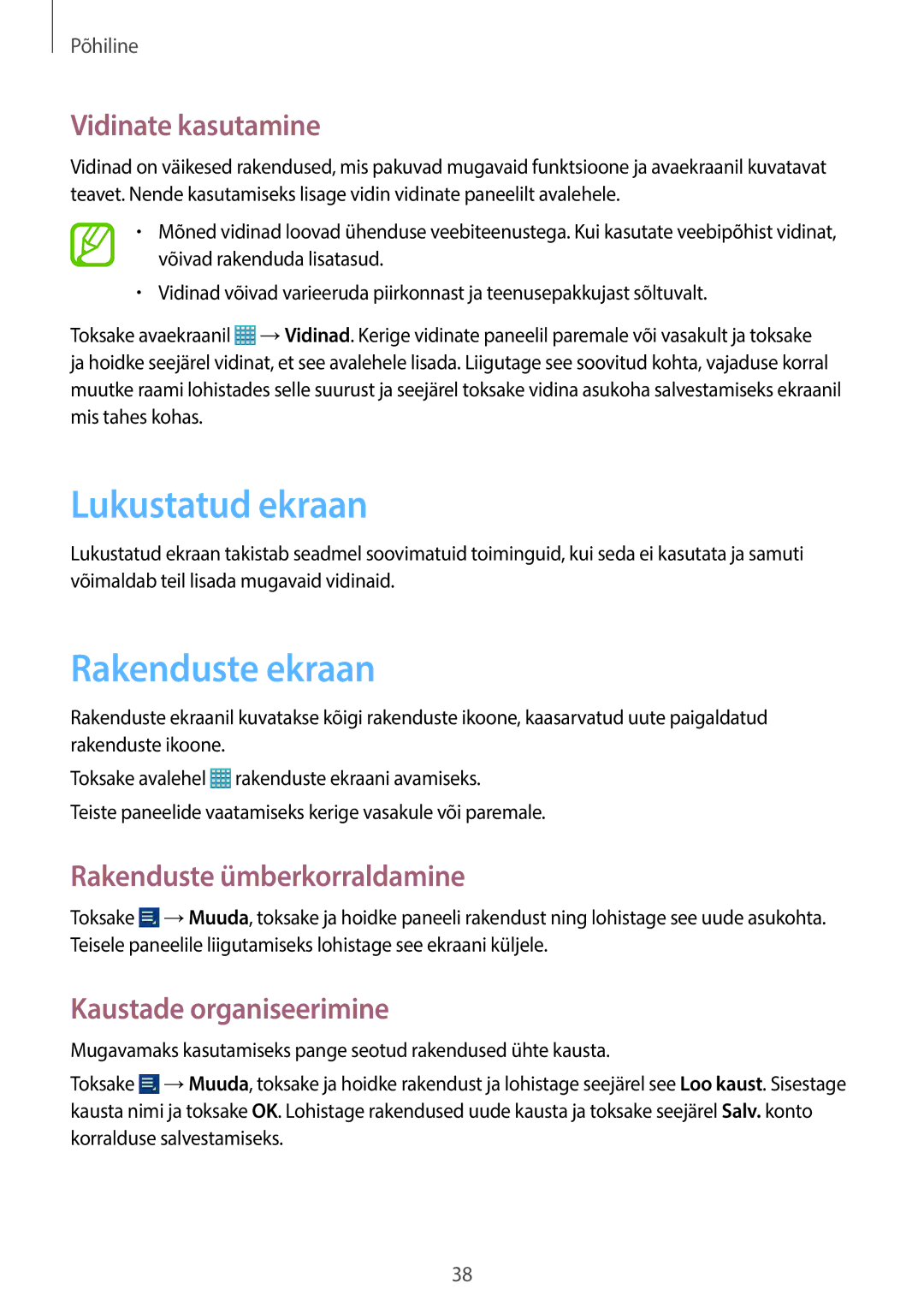 Samsung GT-N8000EAASEB manual Lukustatud ekraan, Rakenduste ekraan, Vidinate kasutamine, Rakenduste ümberkorraldamine 