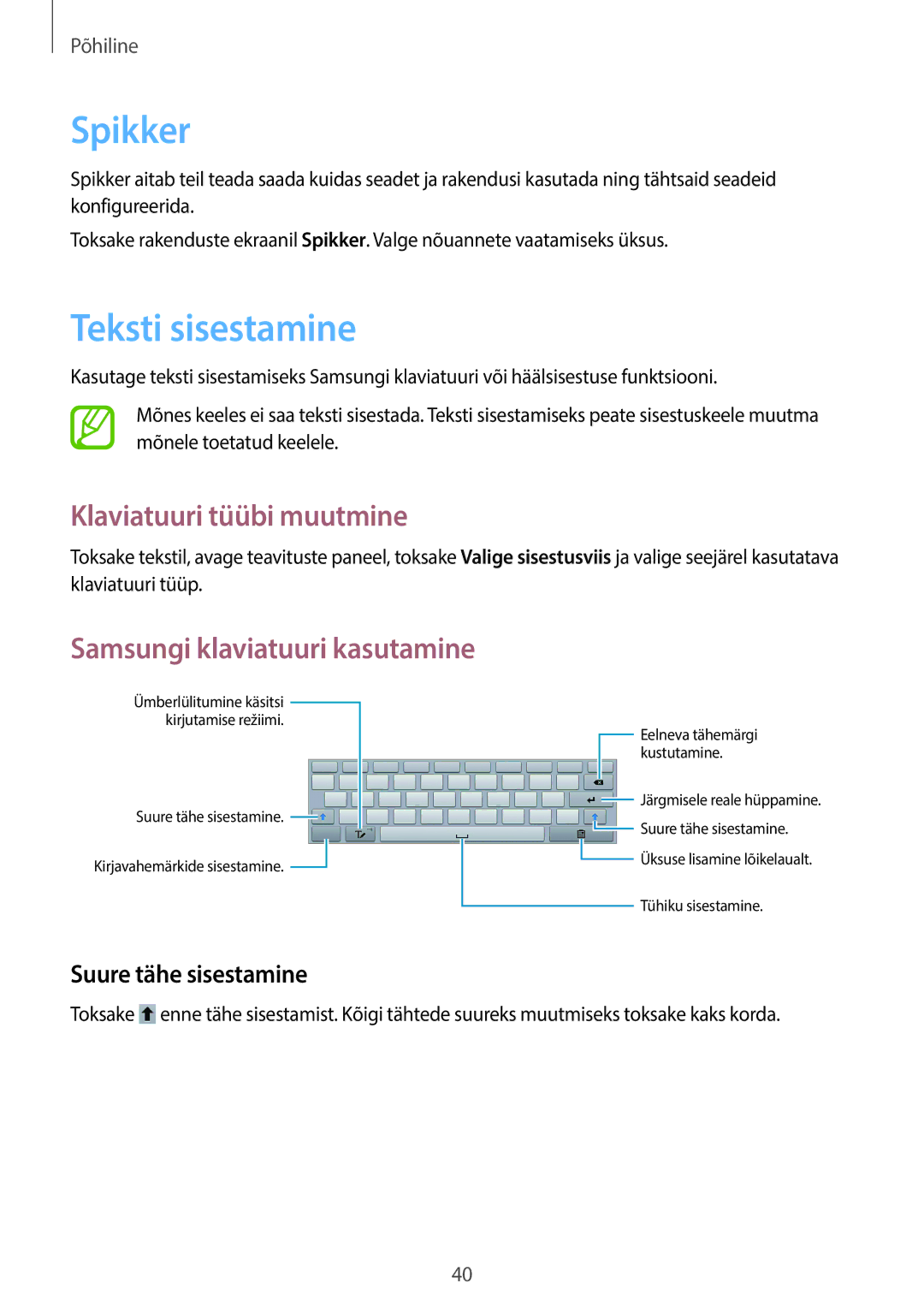 Samsung GT-N8000EAASEB manual Spikker, Teksti sisestamine, Klaviatuuri tüübi muutmine, Samsungi klaviatuuri kasutamine 