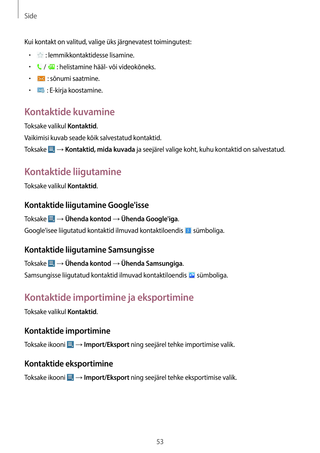 Samsung GT-N8000ZWASEB, GT-N8000EAASEB Kontaktide kuvamine, Kontaktide liigutamine, Kontaktide importimine ja eksportimine 