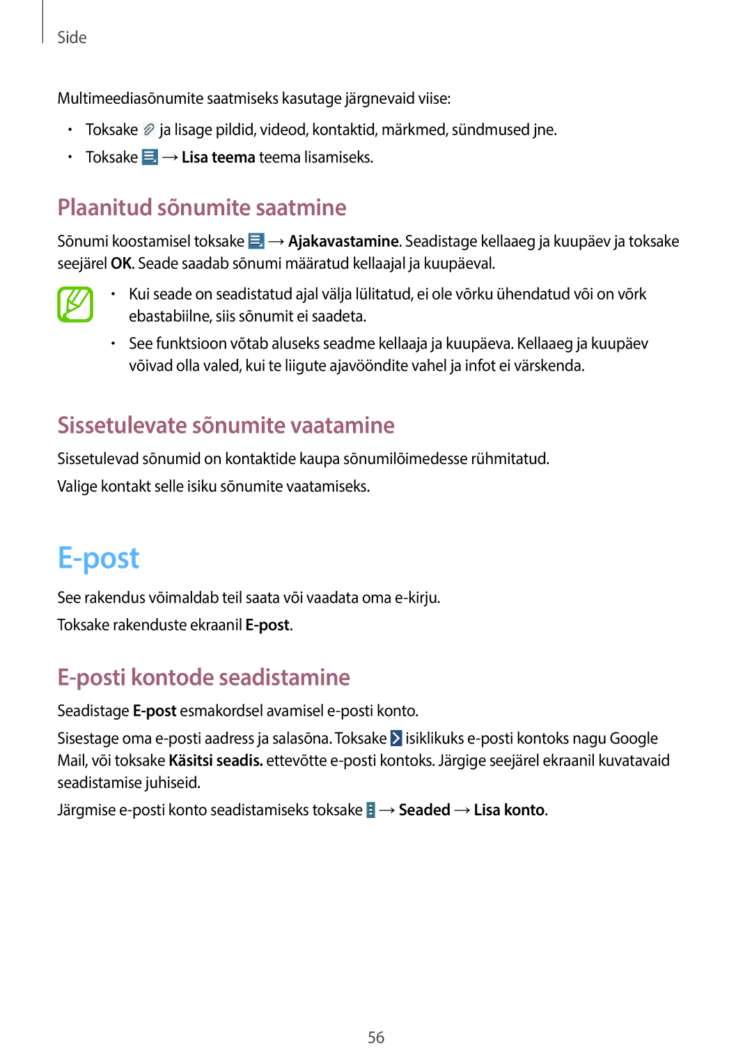 Samsung GT-N8000EAASEB manual Plaanitud sõnumite saatmine, Sissetulevate sõnumite vaatamine, Posti kontode seadistamine 