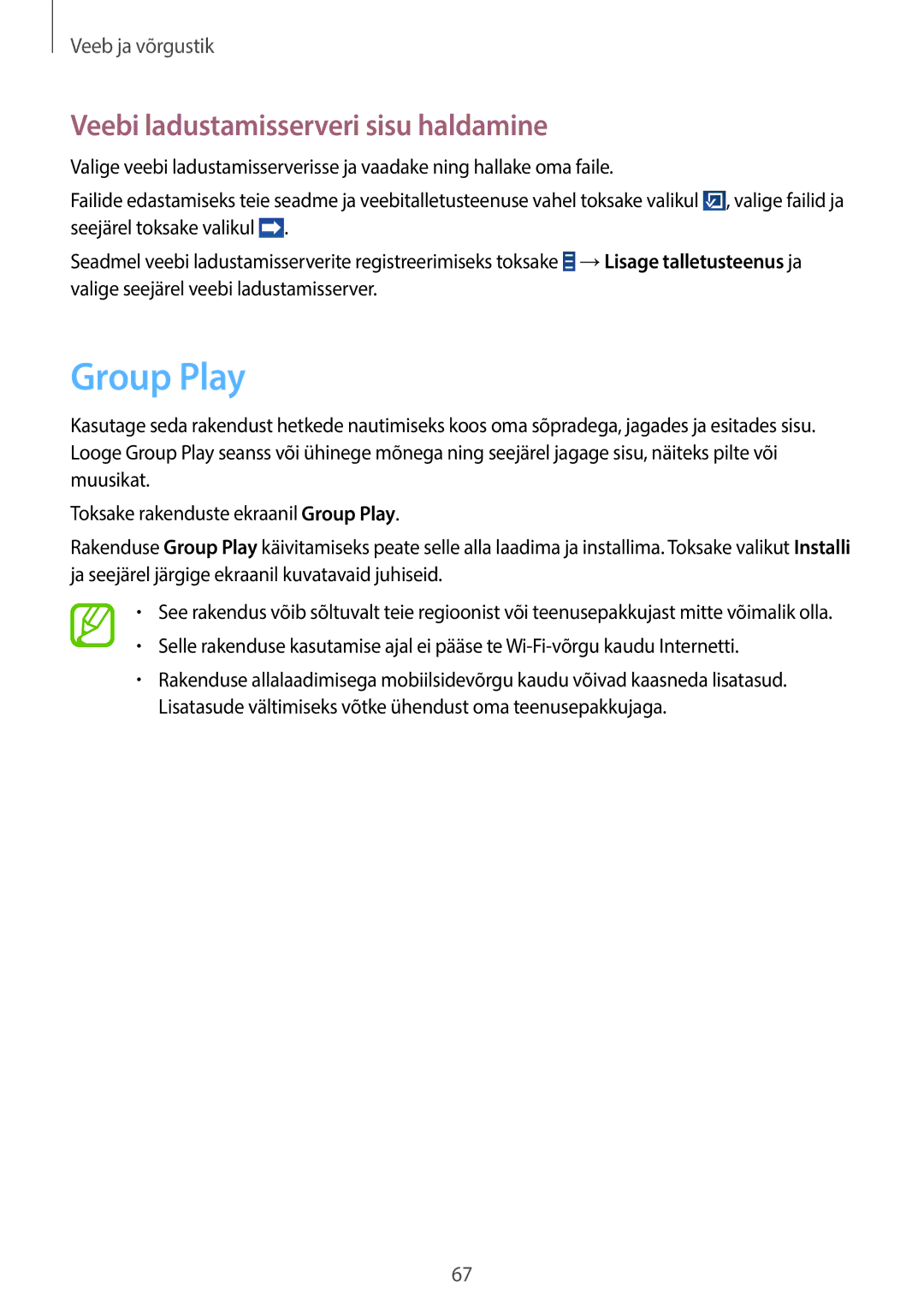 Samsung GT-N8000ZWASEB, GT-N8000EAASEB manual Group Play, Veebi ladustamisserveri sisu haldamine 