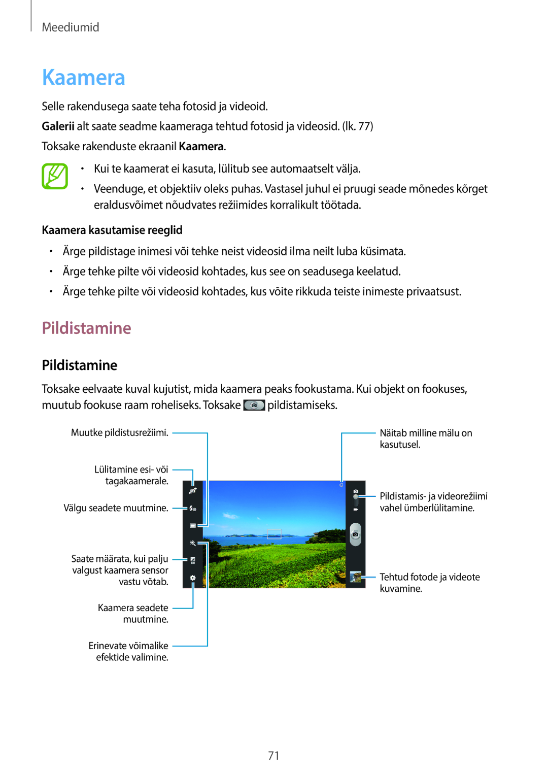 Samsung GT-N8000ZWASEB, GT-N8000EAASEB manual Pildistamine, Kaamera kasutamise reeglid 