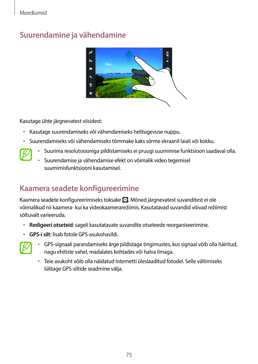 Samsung GT-N8000ZWASEB, GT-N8000EAASEB manual Suurendamine ja vähendamine, Kaamera seadete konfigureerimine 